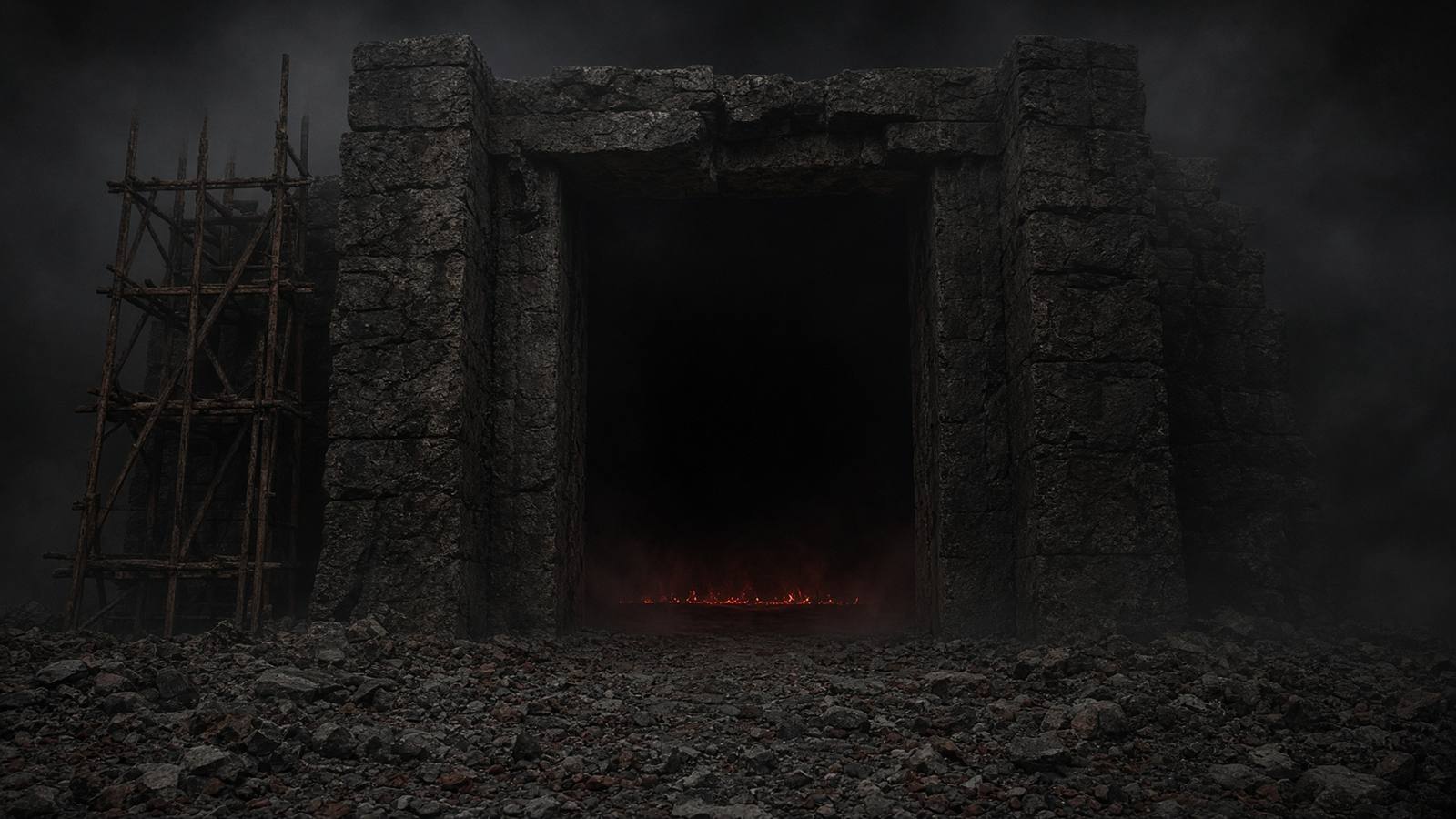 The unfinished stone doorway of the LOSTAT66 temple at night, with firelight inside the threshold.